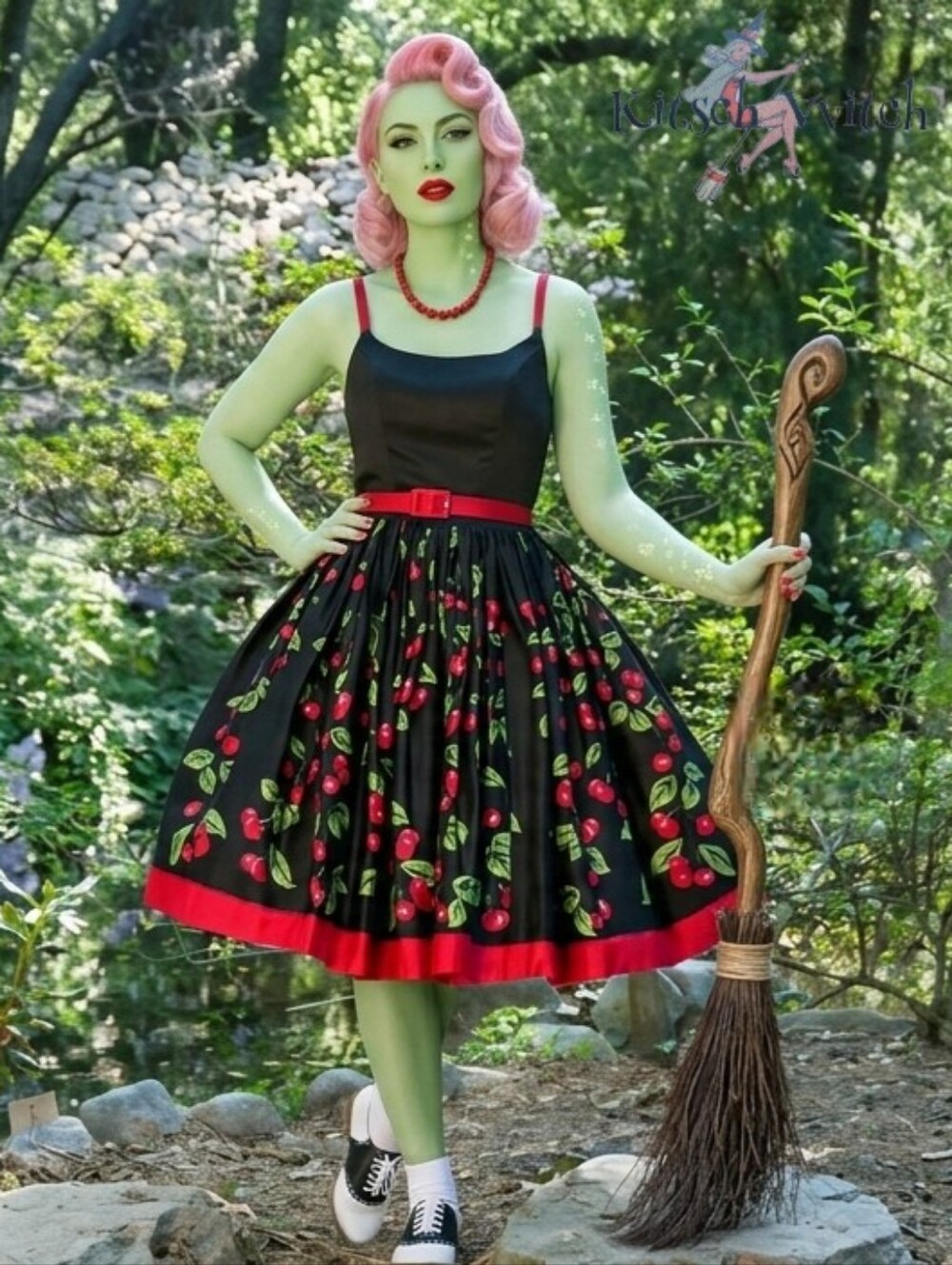 🍒Pit STOP! Pin-Up Couture Jenny Dress In Vintage Cherry Print Size L Pristine
